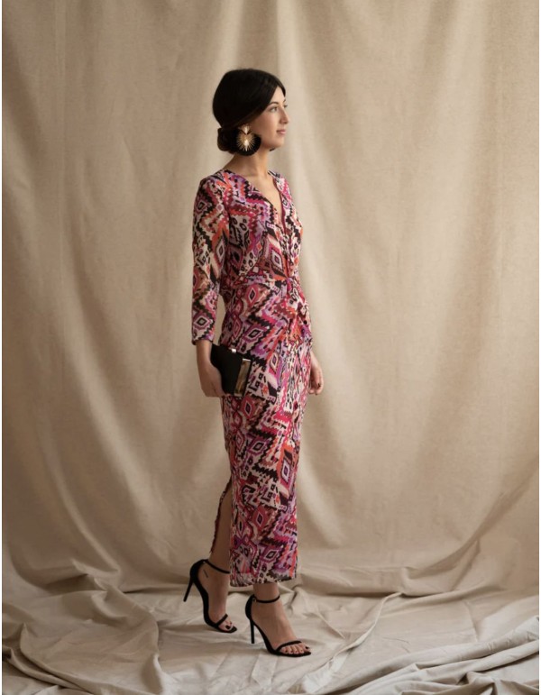 Vestido de fiesta midi estampado étnico rosa 2