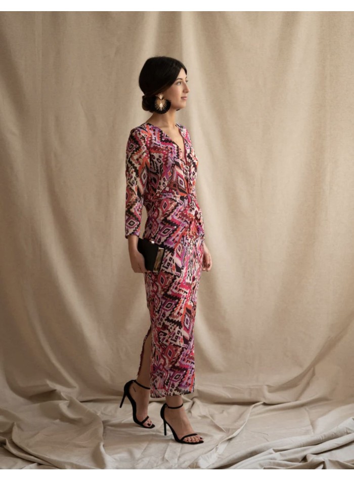 Vestido de fiesta midi estampado étnico rosa