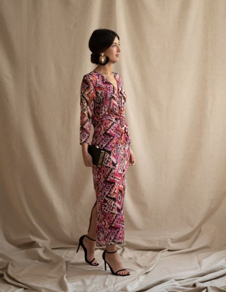 Robe de soirée midi à imprimé ethnique rose