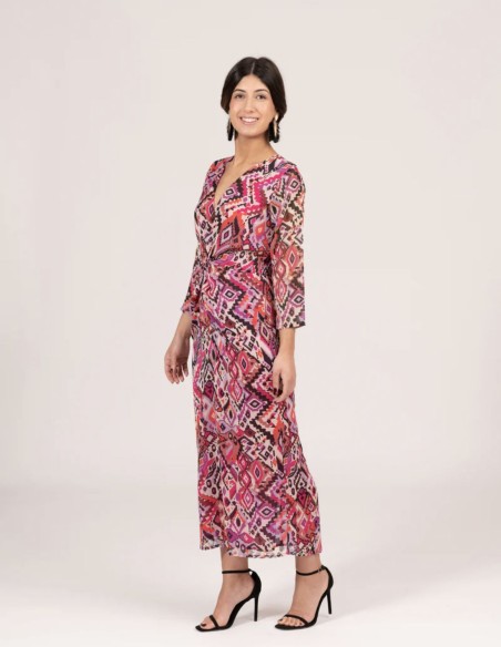 Robe de soirée midi à imprimé ethnique rose