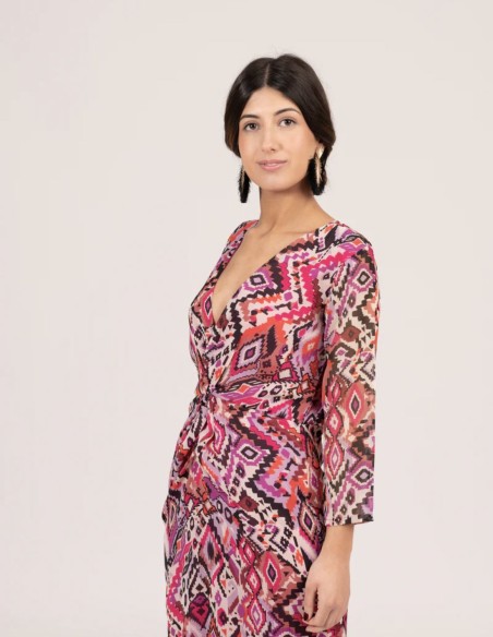 Robe de soirée midi à imprimé ethnique rose