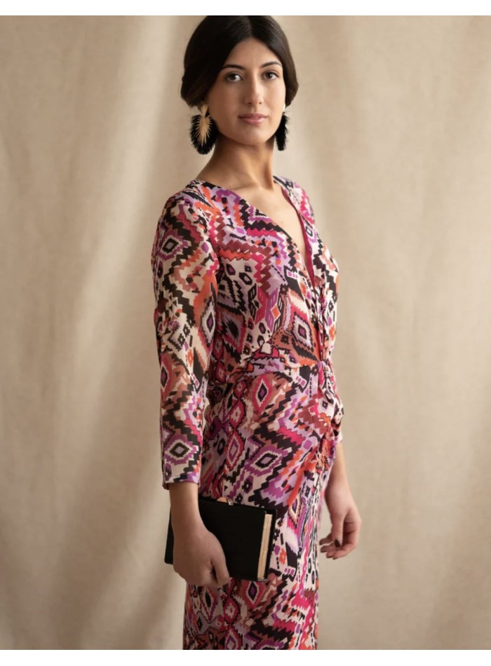 Vestido de fiesta midi estampado étnico rosa