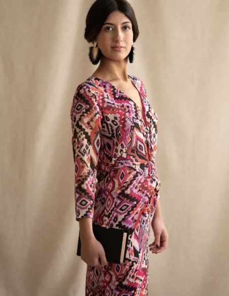 Vestido de fiesta midi estampado étnico rosa