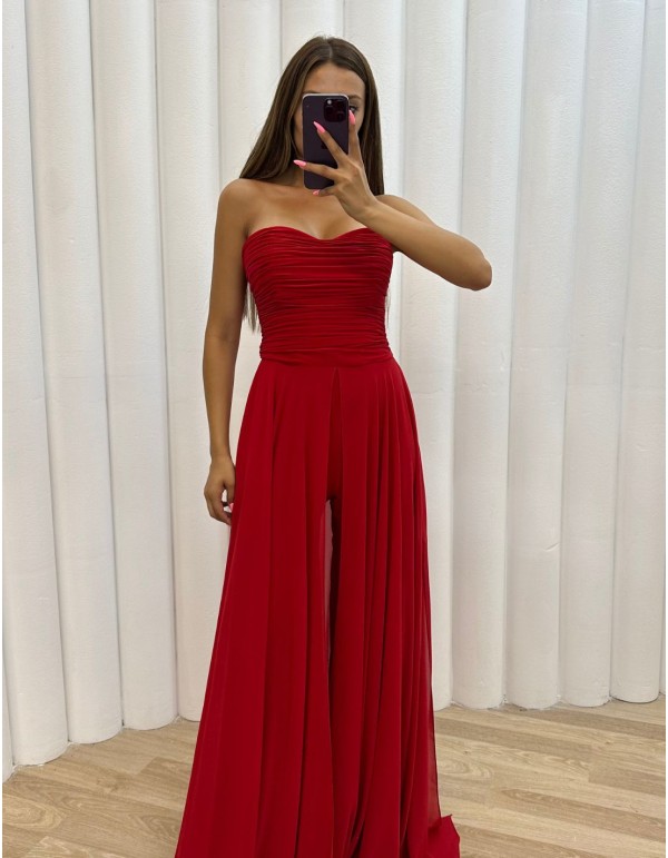 Long party jumpsuit with draped body and over skirt