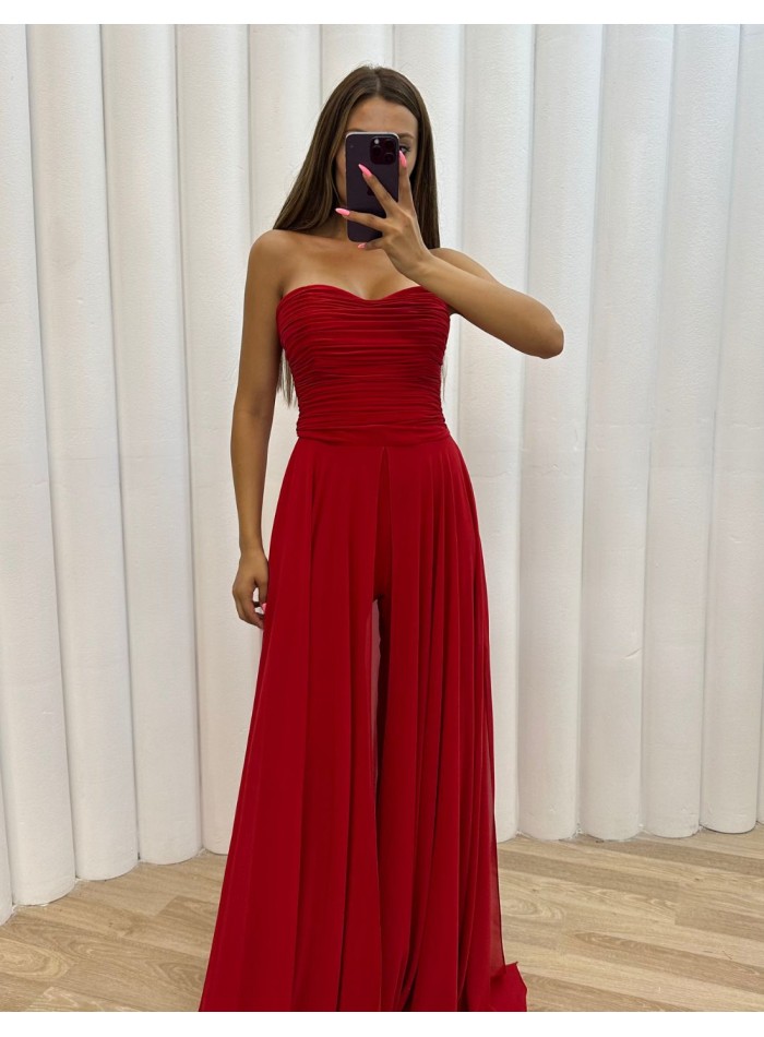 Long party jumpsuit with draped body and over skirt