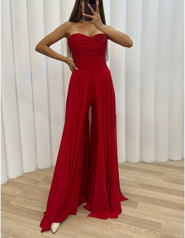 Long party jumpsuit with draped body and over skirt 2