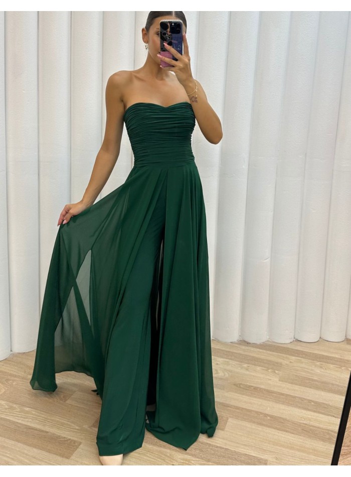 Green jumpsuit with bell bottom trousers.