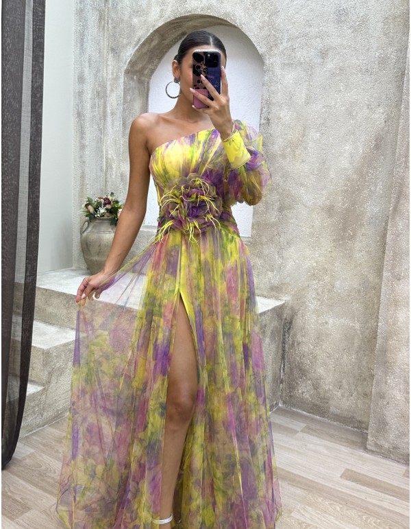 Vestido de fiesta asimétrico multicolor con detalle flor