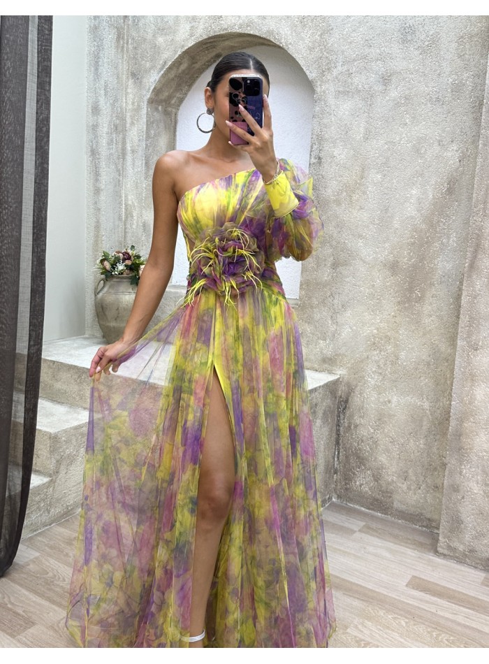 Multicolor asymmetric party dress with flower details