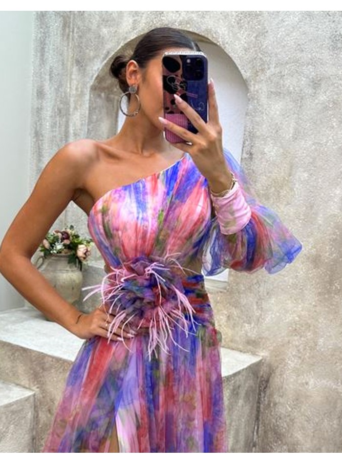 Multicolor asymmetric party dress with flower...