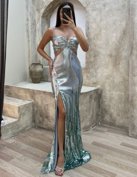 Bicolor sequins long party dress with cut out