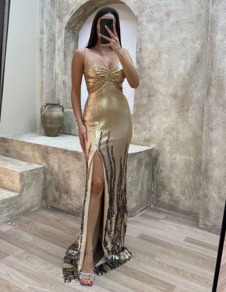 Robe longue de fête bicolore pailletée avec découpe
