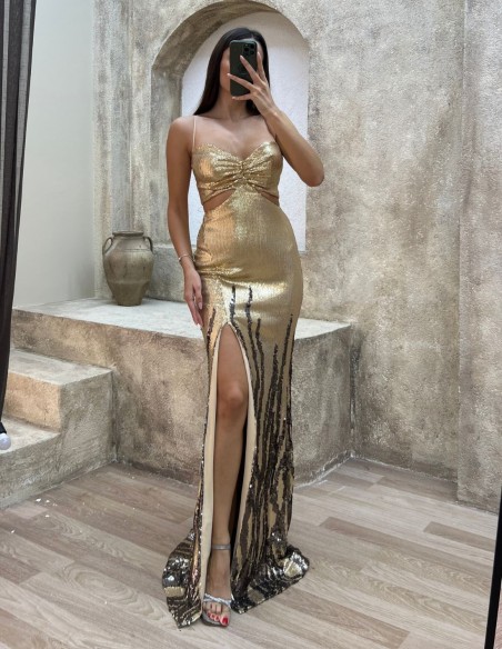 Bicolor sequins long party dress with cut out
