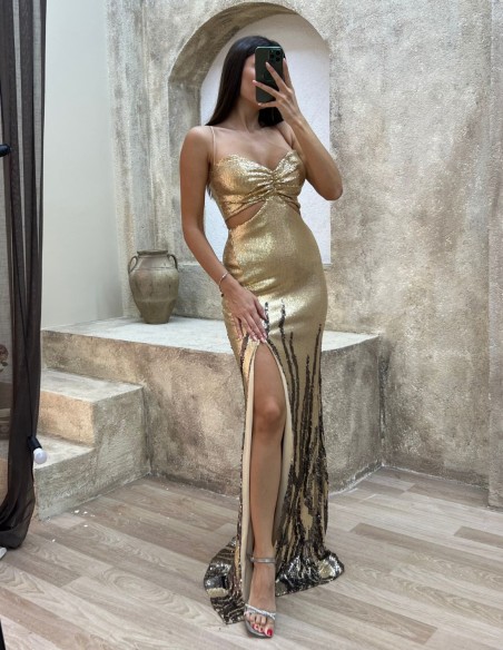 Bicolor sequins long party dress with cut out