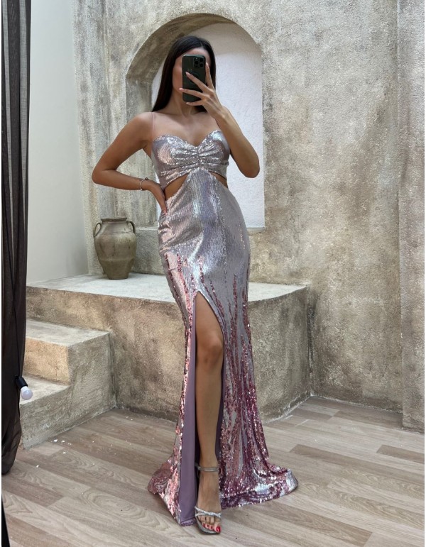 Bicolor sequins long party dress with cut out