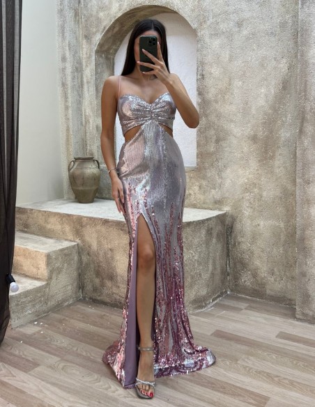 Robe longue de fête bicolore pailletée avec découpe