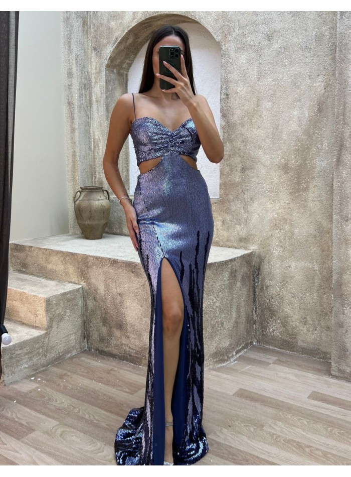 Bicolor sequins long party dress with cut out