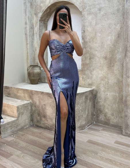 Robe longue de fête bicolore pailletée avec découpe