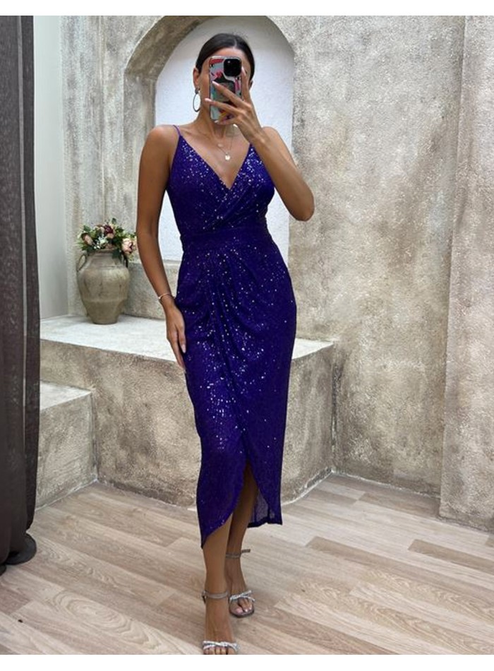Vestido de fiesta midi de tirantes y lentejuelas morado