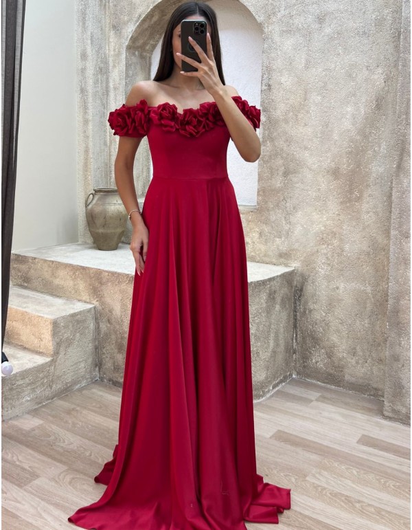 Robe de soirée à encolure bandeau fleurie 2