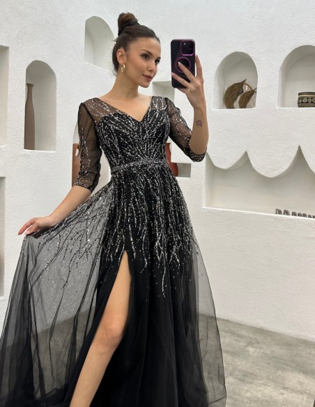 Robe longue de fête avec corset et broderie de strass