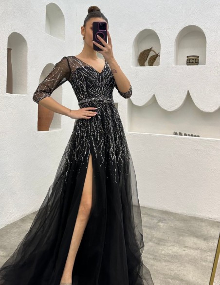 Long party dress with corset and embroidered rhinestones