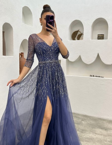 Long party dress with corset and embroidered rhinestones