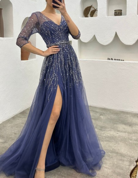 Long party dress with corset and embroidered rhinestones