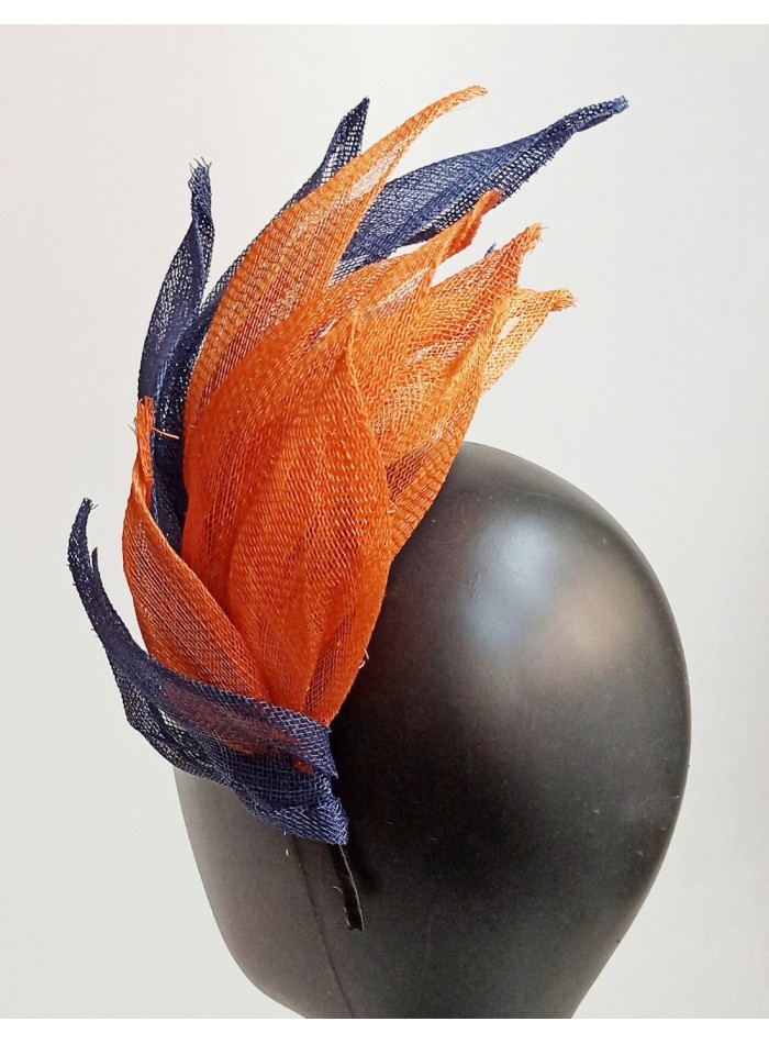 Blue and orange raffia leaves headpiece.