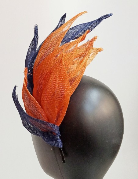 Blue and orange raffia leaves headpiece.