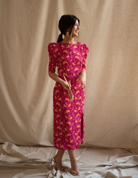 Vestido midi estampado fucsia floral manga francesa
