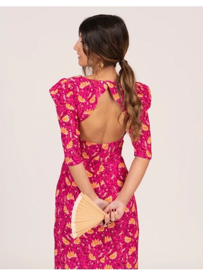 Fuchsia floral print midi dress with French...