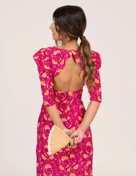 Robe midi à imprimé floral fuchsia avec manches françaises