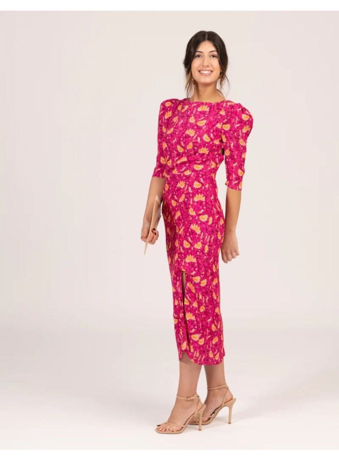 Fuchsia floral print midi dress with French...