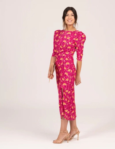 Vestido midi estampado fucsia floral manga francesa