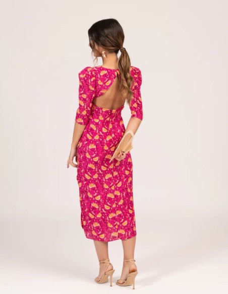 Fuchsia floral print midi dress with French sleeves