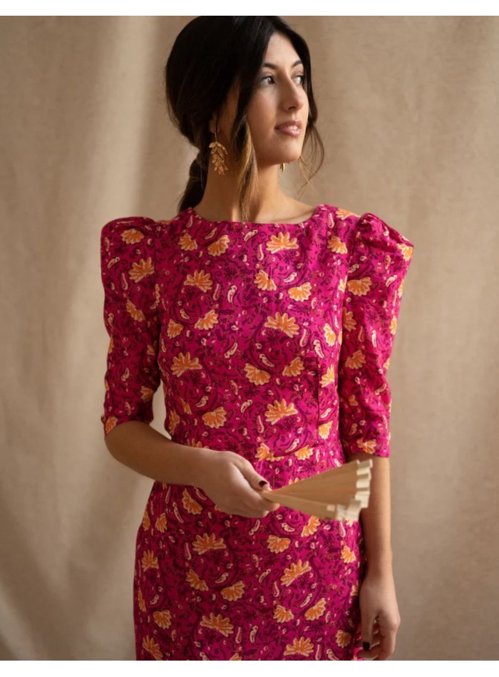 Vestido midi estampado fucsia floral manga...