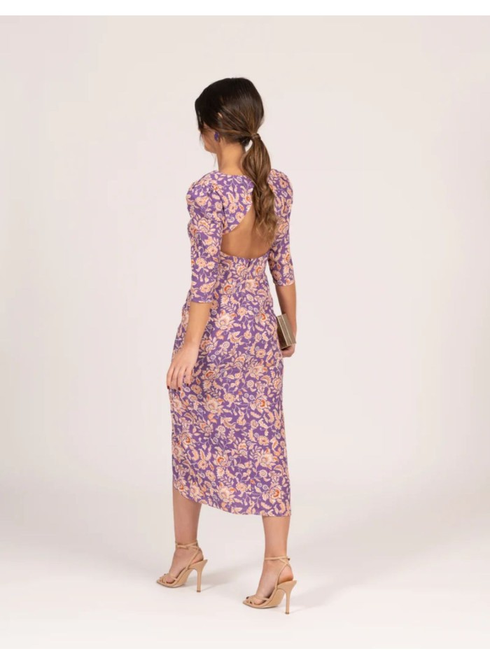 Vestido midi estampado floral morado con manga...