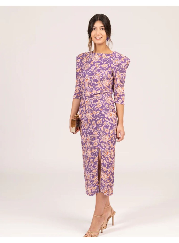 Vestido midi estampado floral morado con manga...