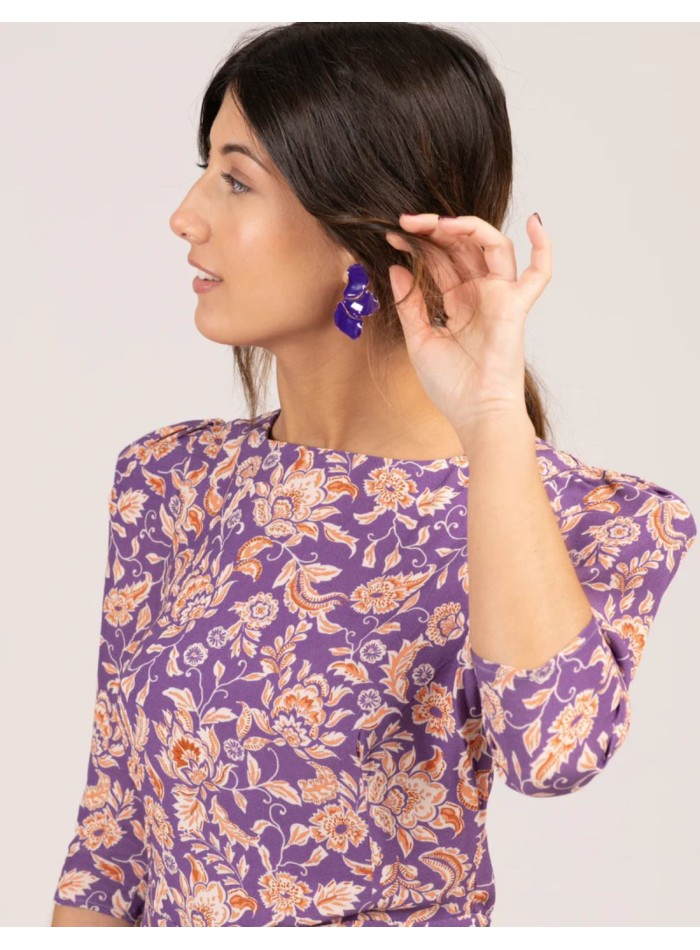 Lilac floral print midi dress with ruffled sleeves