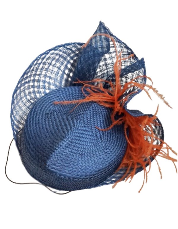 Navy blue guest headdress with feathers.