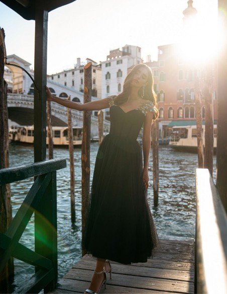 Black midi party dress with tulle skirt