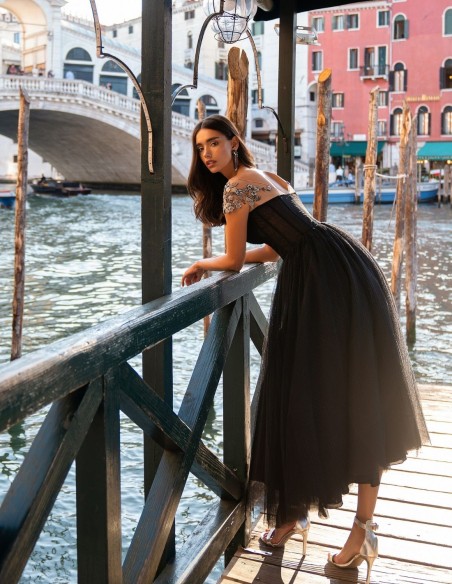 Black midi party dress with tulle skirt