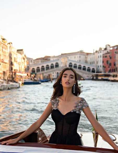 Black midi party dress with tulle skirt