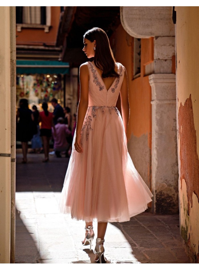 Midi party dress in powder pink with tulle skirt