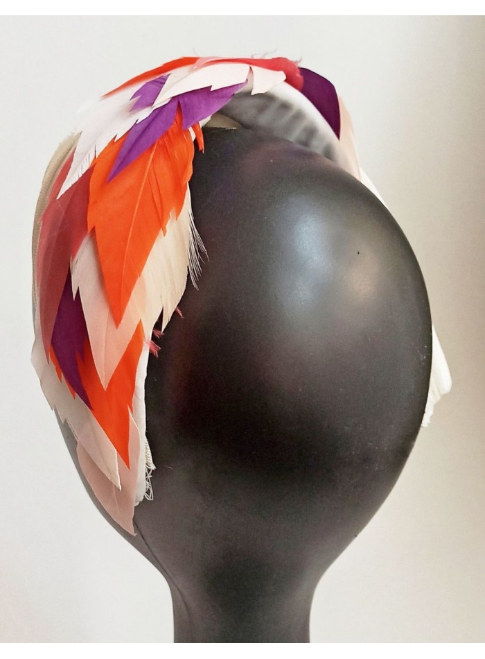 Purple, orange and pink feather headband.