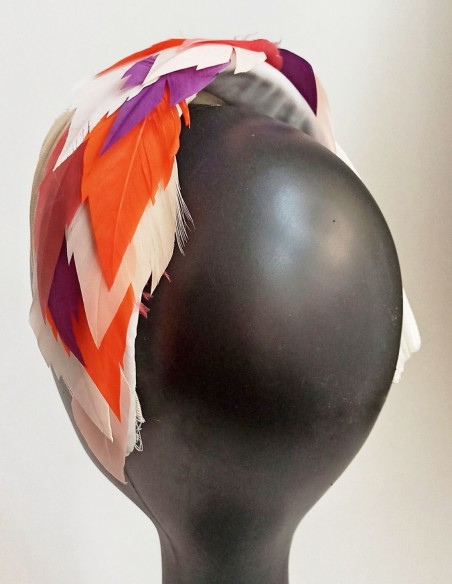 Purple, orange and pink feather headband.