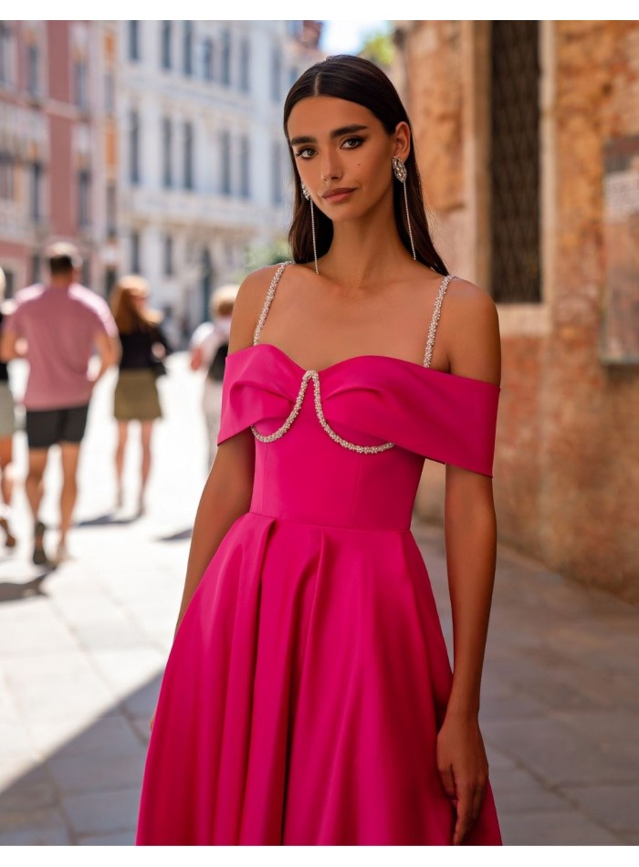 Midi party dress with straps and bardot neckline