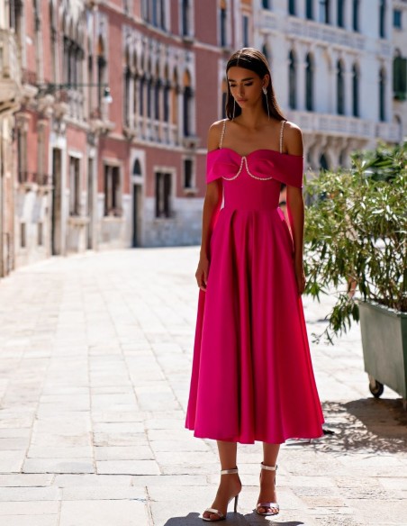 Midi party dress with straps and bardot neckline