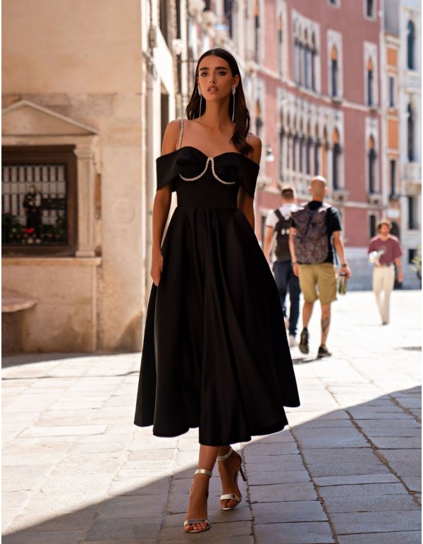 Midi party dress with straps and bardot neckline